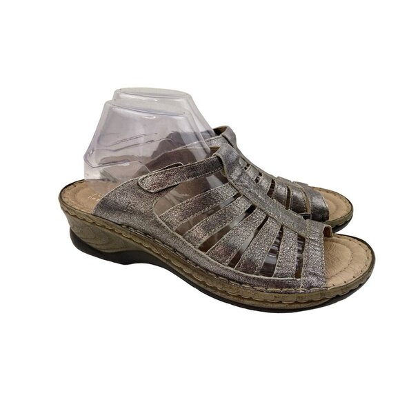 *Josef Seibel Sandals Womens 41 Metallic Silver Caged Strappy Slip On Slide Mule - Picture 3 of 11